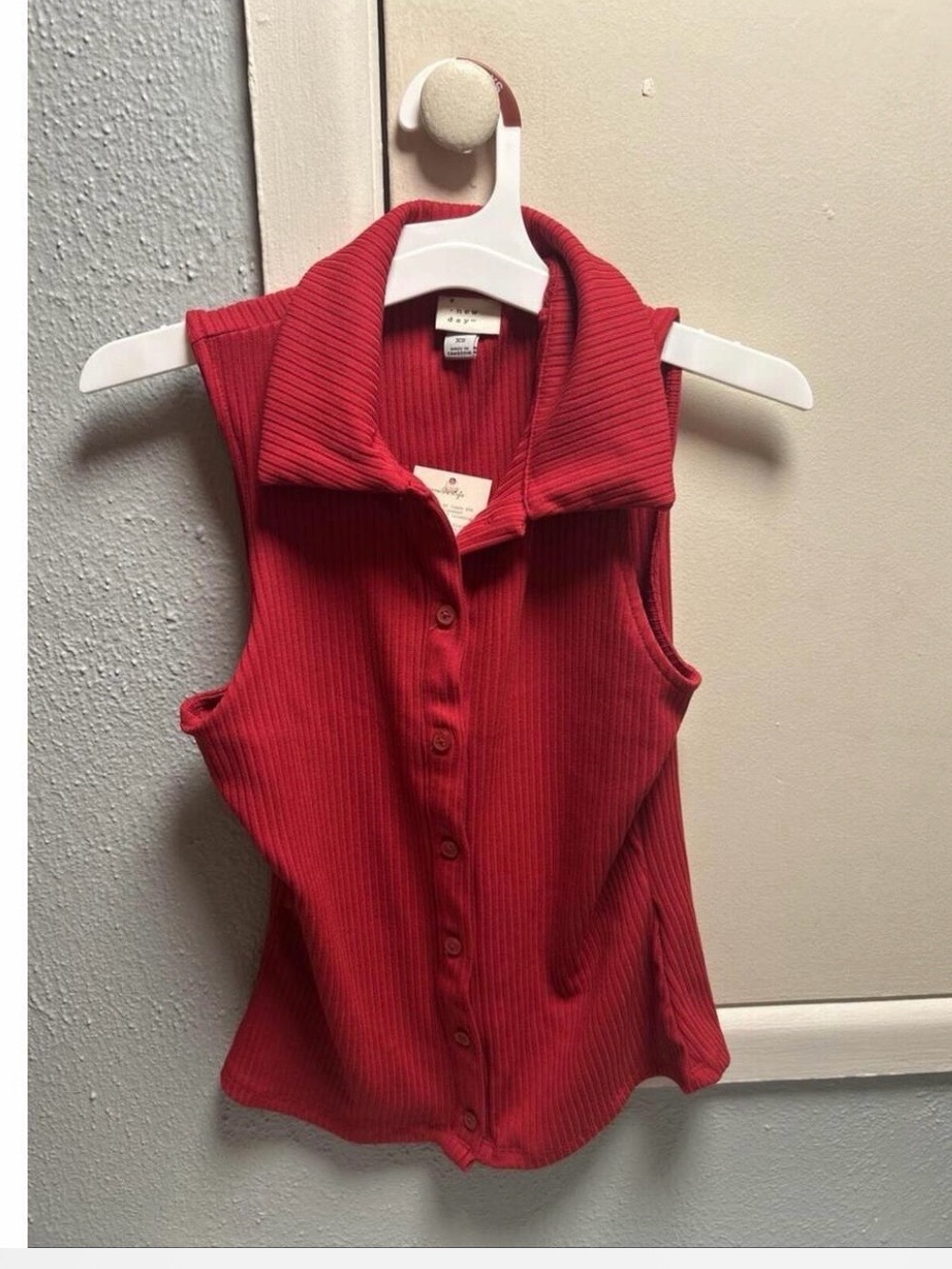 a new day Red Ribbed Button-Front Sleeveless Polo Tank